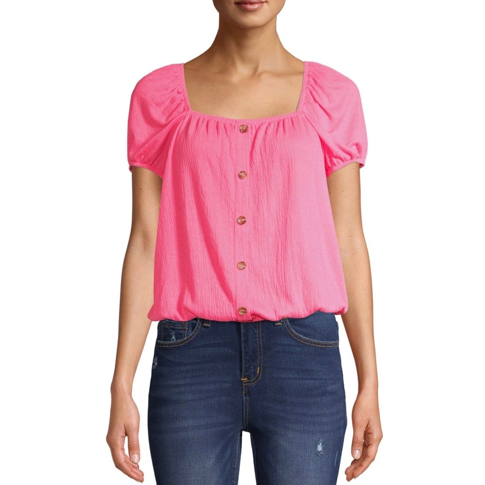 No Boundaries Button Front Blouse Neon Pink Barbie Core Crisscross Back